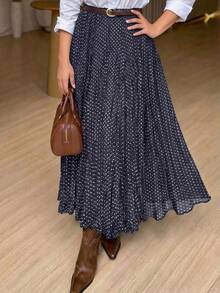 Women's Elegant Elastic Waist Navy Blue & White Polka Dot Pleated A-Line Skirt, Minimalist & Fashionable For Daily Commute - Navy Blue - View 4