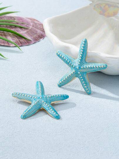 1对时尚新款树脂蓝色海星耳钉，适合女性佩戴