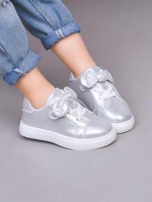1 Par De Tênis Infantis Sólido Com Laço, Modelo Slip-On, Fofos E Estilosos Para Uso Externo, Ideais Para A Primavera - Prata - Ver 1