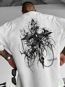 HAFIME Men's T-Shirt With "Gothic Cross" Print, Unisex Men's Shirt, 100% Cotton, Top Premium Streetwear, New Release, Gothic Style - trắng - Xem 1