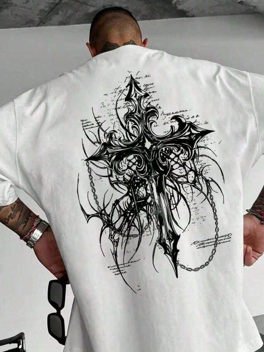 HAFIME Men's T-Shirt With "Gothic Cross" Print, Unisex Men's Shirt, 100% Cotton, Top Premium Streetwear, New Release, Gothic Style - trắng - Xem 1