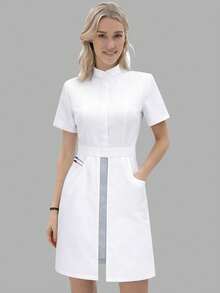 cimmuovere Women's Stand Collar Contrast Color 2 In 1 Short Sleeve Scrubs Dress, Nurse Uniform, Workwear For Dentist, Healthcare, Pet Hospital, Laboratory - White - View 5
