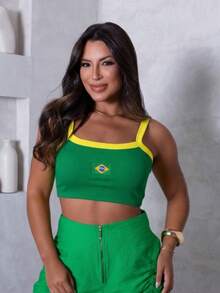 Cropped Top Brazil Women's Ribbed Straps Embroidered Cup 2026 Vibe Contrasting Waist Open Back / Backless Embroidery Beach - Green - View 2