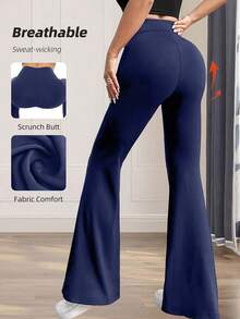 Quần ống loe cạp cao màu trơn, quần legging thể thao yoga co giãn cao, quần bó sát thể thao nữ mùa xuân - Màu xanh hải quân - Xem 3