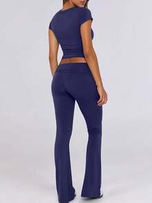 Lounge Sets For Women 2 Piece Foldover Yoga Flare Leggings Pants Crop Tops Casual Y2K Outfits Matching Tracksuit Set - 藏蓝色 - 查看 2
