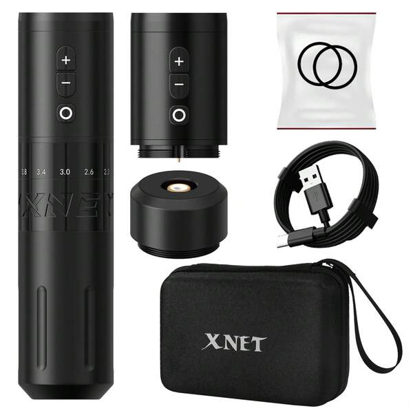 1 Set de Máquina de Tatuaje Inalámbrica XNET E1, incluye Agitador de Tinta, Tinta, Fuente de Alimentación para Principiantes de Tatuaje, Motor Personalizable de 7 Niveles de Ajuste de Trazo, Pincel de Maquillaje, Adecuado para Principiantes de Tatuaje