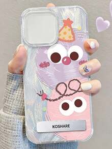 1pc Fluffy Feather Full Coverage Phone Case With Cute Pom-Pom & 3D Metal Stand, Compatible With IPhone 11/12/13/14/15/16/17/Pro Max - Silver - View 1