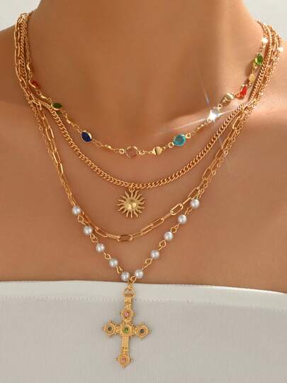 4 st/set handgjort halsband i glaskristall, minimalistiskt korshänge, lämpligt för vardagsbruk och fotografering, slumpmässigt arrangemang av glaskristall, justerbar kedjelängd