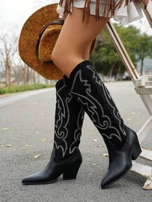 女士西部风格尖头中筒靴，刺绣粗跟牛仔靴 - 黑色 - 查看 4