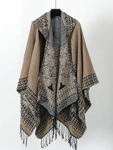 1pc Geometric Floral Jacquard Casual Minimalist Hooded Poncho, Everyday Wear - Multicolor - View 4