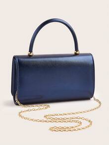 女士时尚纯色金属装饰翻盖PU皮革手拿包，配有可拆卸链条肩带，适合正式场合、派对、晚宴等。 - 寶藍色 - 查看 5