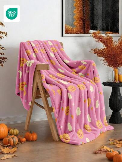 1pc Flannel Blanket - The Top Choice For Room Decor, Super Soft & Lightweight, Cartoon Pumpkin Print, Essential For Home, Daily Use, Suitable As Birthday Gift For Friends, Family Or Yourself. Comfortable & Warm, Soft & Easy Care, Cute Style, Blue Edging Design, Cartoon Theme Pattern, Multi-Purpose Blanket, Applicable For Sofa, Bedroom And Various Occasions, Oeko-Tex Certified.