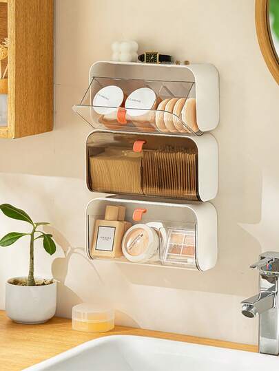 1个塑料壁挂式储物盒，带隔层，可收纳小杂物，适用于家庭浴室、厨房、客厅、宿舍等场所，亦可作为文具收纳盒。