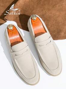Salkin 复古设计师男士乐福鞋，软皮套脚鞋，绅士休闲鞋，舒适奢华，适合日常、商务、婚礼、约会、节日礼物、学生校园穿着。建议选大一码。 - 米色 - 查看 4