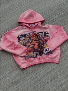 Men's American Street Style Large Diamond With Three-Dimensional Printed Zipper Design Men's And Women's Loose Street  Hooded Sweatshirt - 粉紅色 - 查看 1