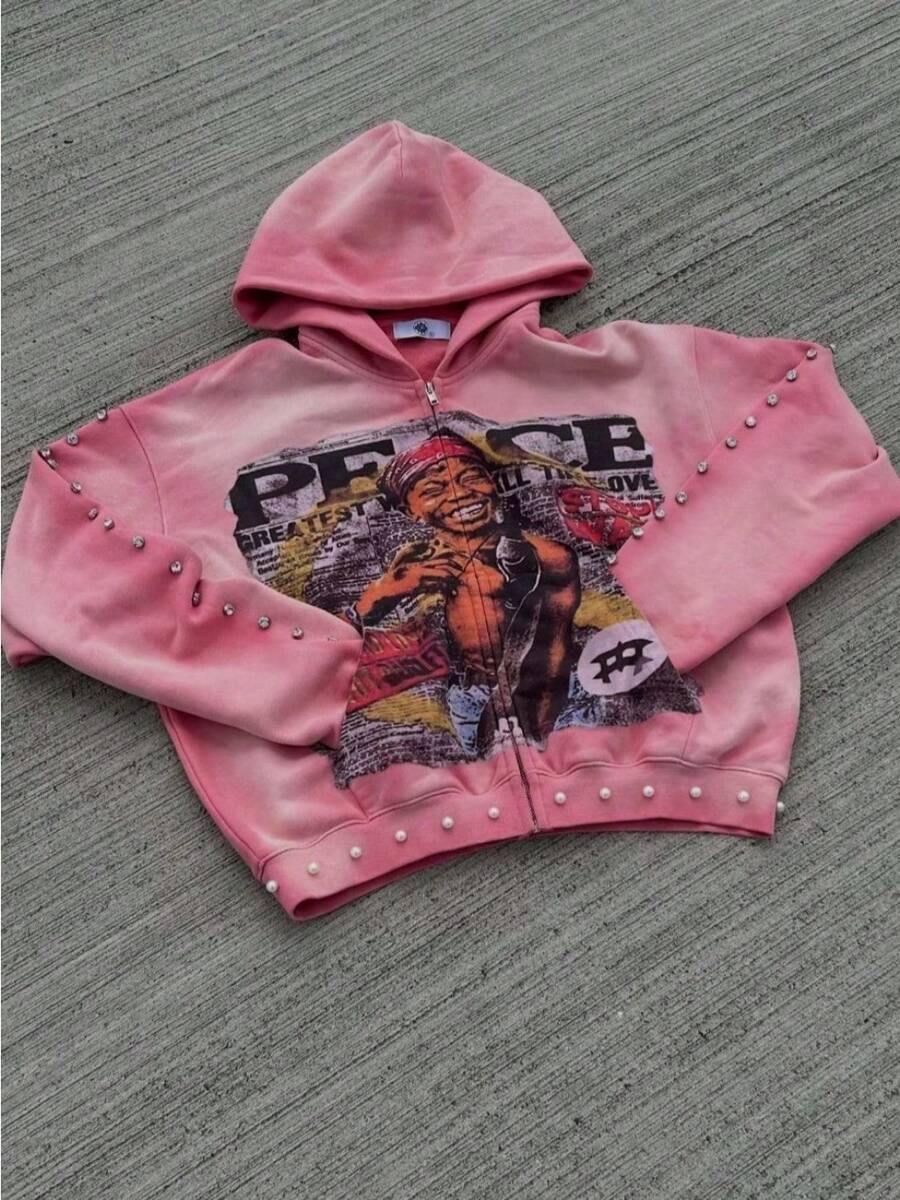 Men's American Street Style Large Diamond With Three-Dimensional Printed Zipper Design Men's And Women's Loose Street  Hooded Sweatshirt - 粉紅色 - 查看 1