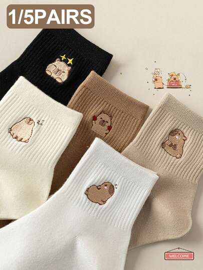 1/5 Pairs Women Merrald Color Cartoon Capybara Pattern Fashion Versatile Breathable Sweat-Absorbent Casual Home Cute Short Socks