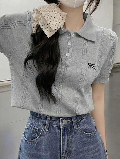 Summer Korean Style Polo Collar Cable Knit Butterfly Embroidery Short Sleeve Top