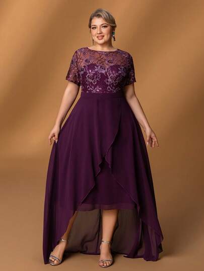 Faeriesty Plus Size Elegant Purple Lace & Sequin Evening Dress With Asymmetric Layered Chiffon Skirt, Suitable For Parties, Wedding Guests, Cocktail Events, Formal Occasions