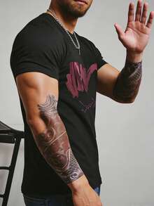 Men's Casual Undershirt, Valentine's Day Heart Print T-Shirt, Fashionable Pattern, Romantic Personalized, Knit Fabric Short Sleeve, Round Neck Regular Fit - Black - View 2