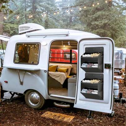 2-Tier Foldable Shoe Rack - Wall Mounted Storage Bag With Adhesive Pockets, Space-Saving Shoe Rack For RV, Camper, Dorm, Bathroom, Closet. Multi-Purpose Mesh Organizer Rack For Shoes, Hats, Toiletries, Small Items. Easy Installation And Storage, Ideal For Travel And Camping, No Tools Required.