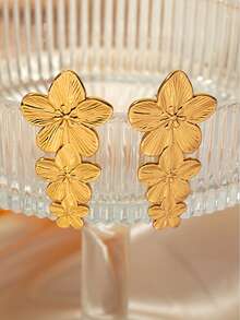 Mazuer 1对18K镀金不锈钢可爱三花耳钉，女士旅行、休闲、日常佩戴饰品 - 金黃色 - 查看 3