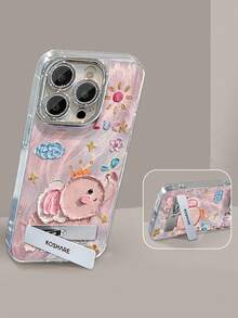 1pc Glitter Coated Elephant Painted Phone Case With 3D Metal Stand, Compatible With IPhone 11/12/13/14/15/16/17/Pro Max - Pink - View 1