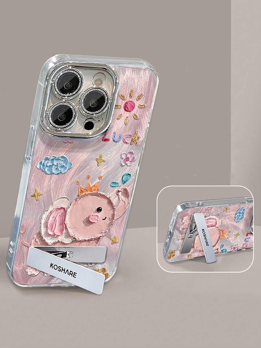 1pc Glitter Coated Elephant Painted Phone Case With 3D Metal Stand, Compatible With IPhone 11/12/13/14/15/16/17/Pro Max - Pink - View 1