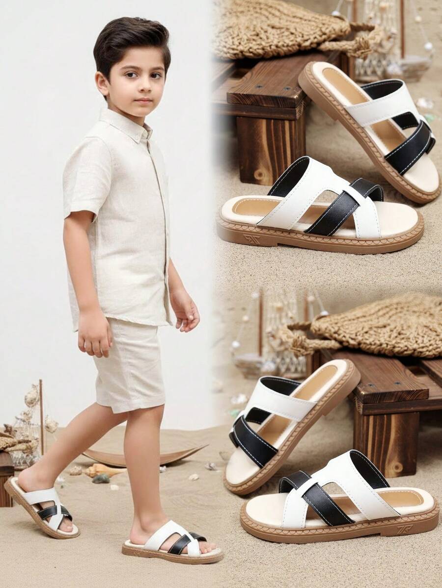 1 par vita strandsandaler för småbarn, halkfri gummisandaler med mjuk botten, svart kontrastfärg, rund tå, lämplig för pojkar 3-15 år, vardags- och fritidsskor, skolor, strand, utomhus, fest, vår/sommar 2026 ny - Svart och Vitt - Visa 1