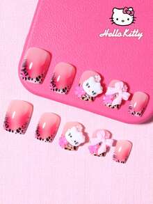 SANRIO 24片豹纹短方形3D美甲贴纸，包含粉色蝴蝶结、花朵和水钻装饰，渐变粉色设计，少女风，完美搭配亚克力美甲套装，内含1瓶胶水和1个指甲锉，适合女性和女孩日常派对使用。 - 查看 2