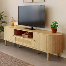 Moderner TV-Schrank Mit Rattan-Schubladen Mit Offenen Fächern, Abgerundeter Tischplatte, Metallbeinen In Holzoptik, Multifunctional Wohnzimmermöbel. - Natural - View 5