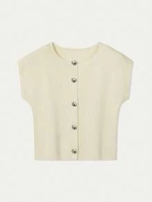 Camiseta sin mangas de punto para mujer, nueva colección primavera/verano, de estilo minimalista y elegante, con cuello redondo, diseño sin mangas, decoración con botón con forma de corazón, top corto y ajustado en color rosa, adecuado para uso casual, trabajo, viajes, citas, ceremonias de graduación y fiestas - Albaricoque - Ver 6