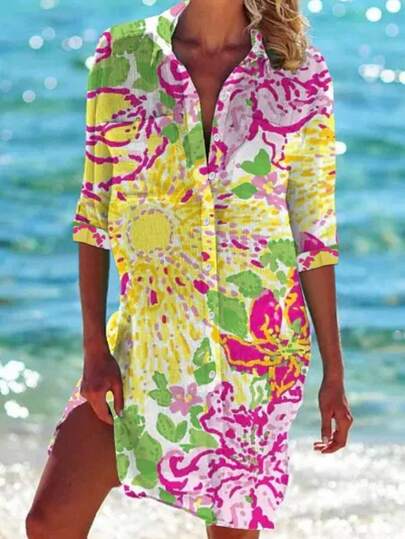 Women's Single Breasted Tropical Print Beach Cover Up Vacation Summer