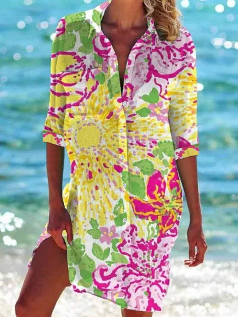 Women's Single Breasted Tropical Print Beach Cover Up Vacation Summer - Yellow - View 1