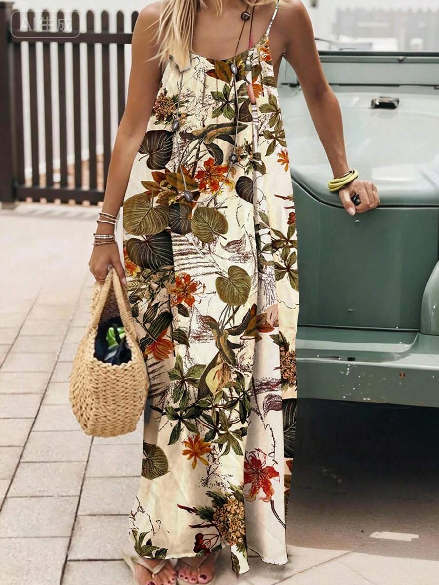 Sukienka damska w dużych rozmiarach z nadrukiem kwiatowym i roślinnym, idealna na różne okazje, takie jak podróże, dom, impreza, ukończenie szkoły, powrót do szkoły, randka i codzienne noszenie, wakacje, lato, elegancka - Morela - Zobacz 1