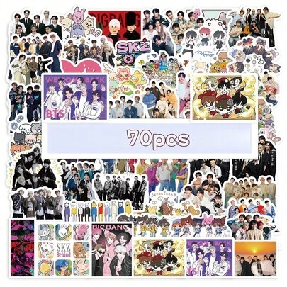 70pcs K-Pop Multi-Artist Themed Decorative Sticker Set - Includes High-Definition Portraits, Cartoon Characters, Group Scenes Of SKZ And Other K-Pop Groups. Reusable Waterproof Stickers, Collectible Fandom Merchandise Suitable For Decorating Diaries, Notebooks, DIY Crafts, And Sticker Collections