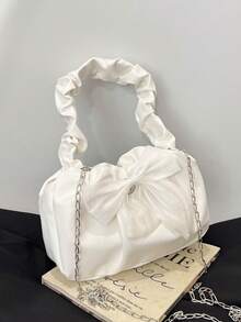 女士蝴蝶结装饰褶皱链条单肩包，适合日常通勤、旅行、购物、休闲外出 - 白色 - 查看 7