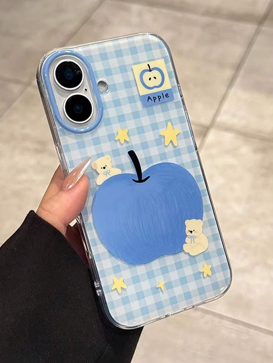 1 件卡通格子蓝色苹果图案硅胶保护壳，可爱时尚，个性十足，兼容 17/ 17 Pro Max/ 16 Pro Max/ 15 Pro/ 14/ 13/12/11，适合作为情人节/生日/母亲节礼物送给家人/朋友/姐妹/女友。 - 淺藍色 - 查看 1