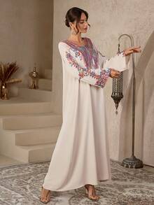 一件装女士穆斯林亮片刺绣长袍罩袍连衣裙，端庄阿拉伯长袍 - 杏色 - 查看 1