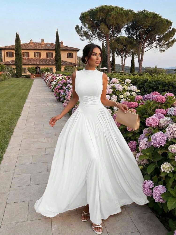 Solid Color Elegant French Stylish Round Neck Sleeveless Ruched Waist Slim Fit Mini Cocktail Dress, Summer Dresses For Women, Elegant Dresses For Women, Casual Dresses For Women White - White - View 1