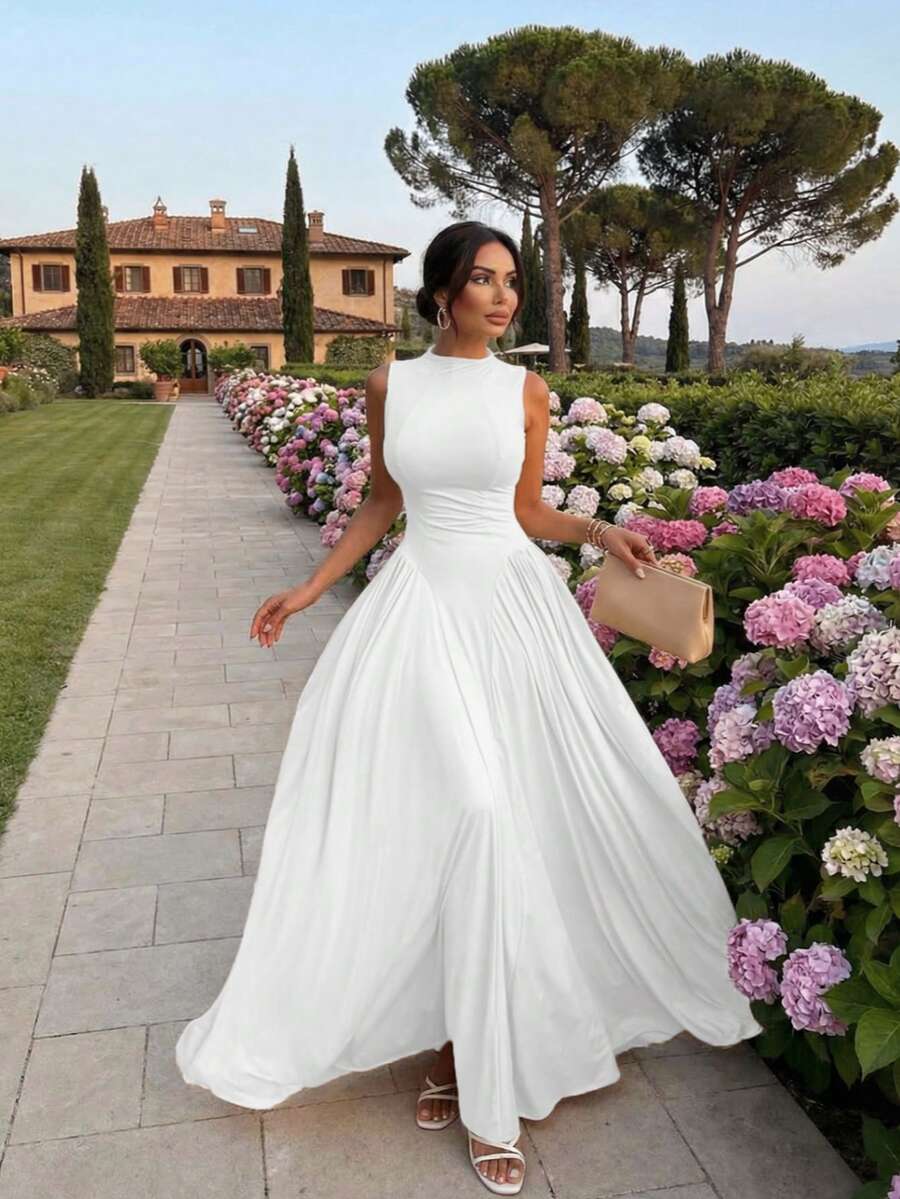 Robe de cocktail mini élégante à col rond sans manches, taille froncée, coupe slim, couleur unie élégante. Robes d'été pour femmes blanches - Blanc - Voir 1