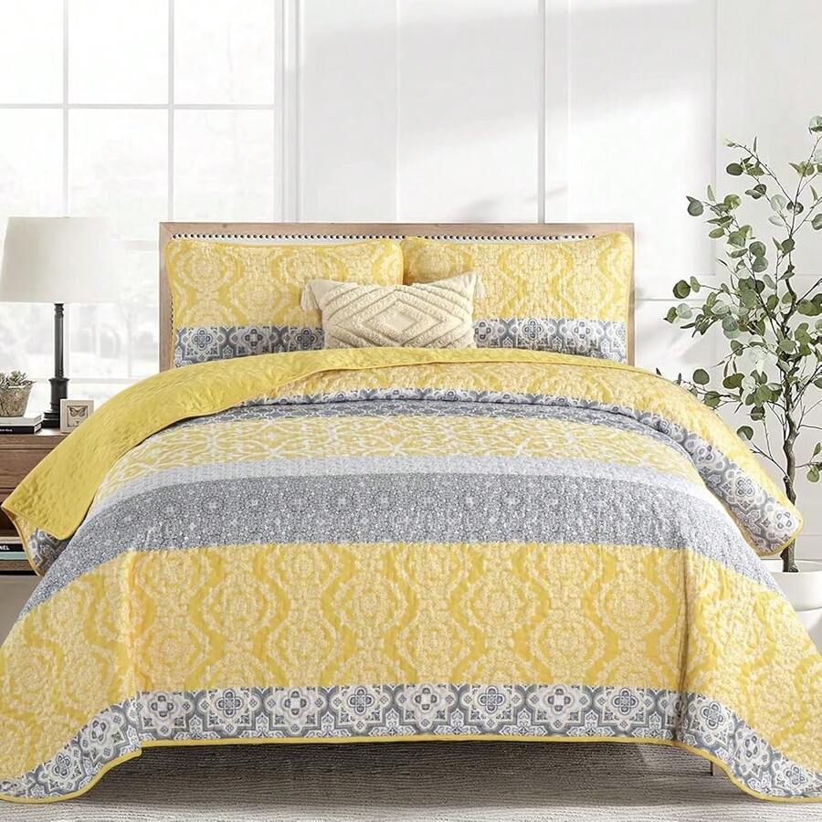 Boho Quilt Set FKing Size, 3 Pieces Yellow Grey Boho Striped Bedspread Coverlet Set With 2 Pillowcases, Soft Microfiber Bohemian Patchwork Farmhouse Bedding Set All Season (104\X90\) - YellowGrey - 查看 1