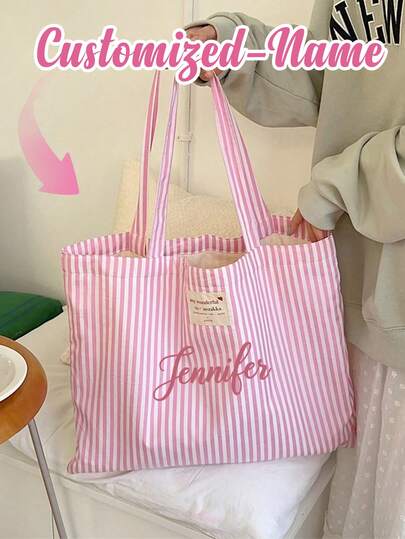 Customizable Name-Folded Personalized Tote Bag, Made Of Retro Striped Canvas Material, Single-Shoulder Lightweight And Spacious, Casual And Stylish, Suitable For Carrying, Single-Shoulder Bags, Casual Shopping, And Other Occasions. Machine Washable (No Sealing), Ideal For Girls And College Students As Beach Bags, Also Perfect For Office, University, Middle School, High School, Work, Business, Commuting, And Back-To-School Occasions.