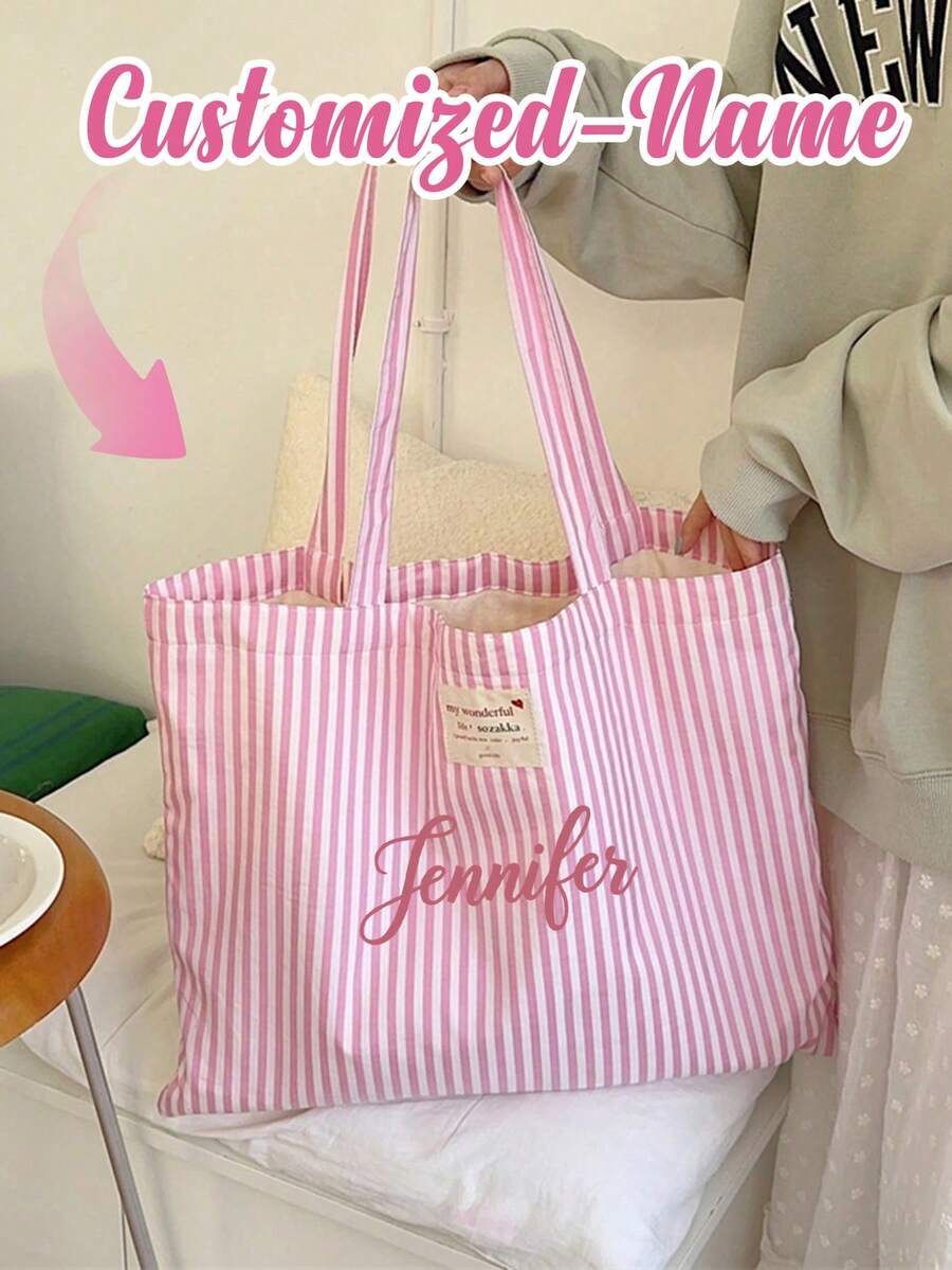 Customizable Striped Tote Bag With Name Logo And Floral Text, Canvas Underarm Handbag, Large Capacity Beach Tote And Shoulder Bag - Pink - View 1
