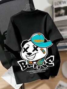 Tween Boy Cartoon Panda Print Crew Neck T-Shirts Spring And Summer Boy's Casual Tee Soft Tops - Black - View 1