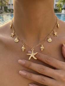 1 pieza Collar con colgante múltiple de estrella de mar, concha y caracol en estilo bohemio, adecuado para uso en vacaciones de verano en la playa y fiestas de mujeres, regalo - Multicolor - Ver 1