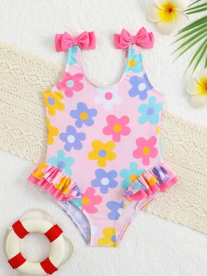 1pc Girls' Floral Print Digital Swimsuit, With Bow Tie And Ruffle Trim Design, Elastic & Quick-Dry Fabric, Fashion Resort Style, Suitable For Outdoor Beach, Surfing, Swimming Party, Beach Vacation