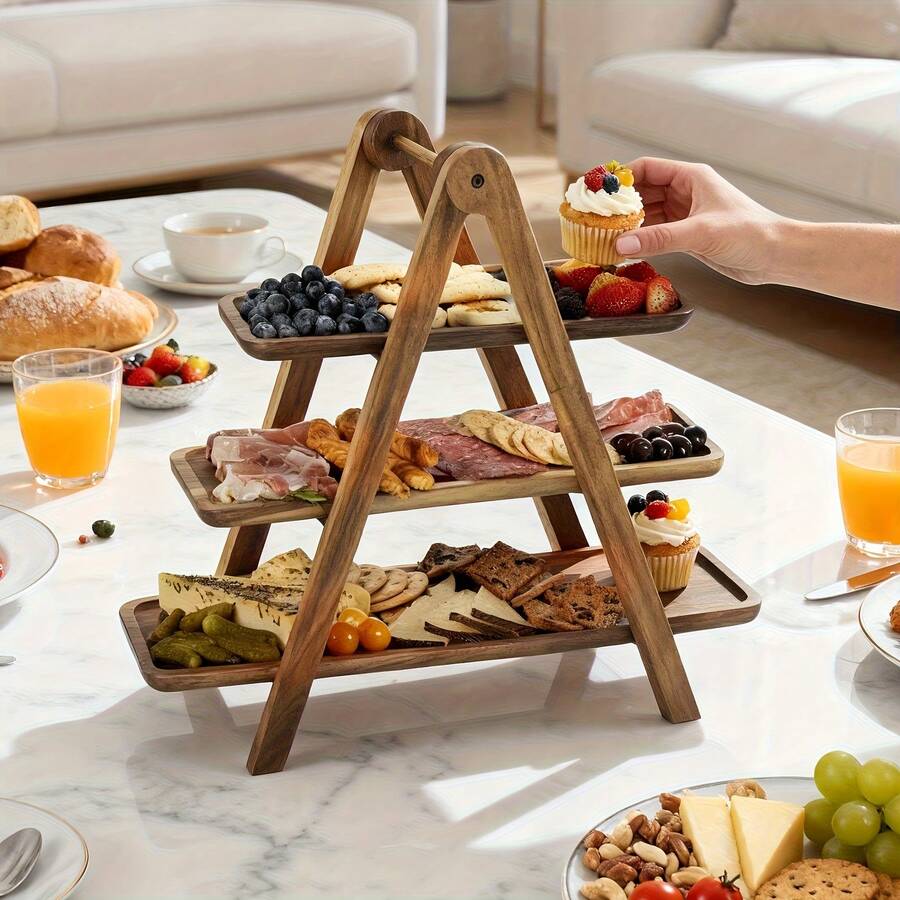 Senmeo 3-Tier Wooden Serving Tray - Rustic Multi-Level Display Stand For Fruits, Cakes, Desserts & Home Decor | Sturdy Solid Wood Snack Holder, Kitchen Countertop Organizer With Handles - màu nâu - Xem 1
