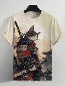 Men Plus Size 3D Digital Cat Print Short Sleeve T-Shirt, Casual Sports Knitted Fabric Crew Neck Top, Summer, Emo - Multicolor - View 6