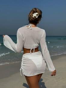 一套女士纯色性感夏季沙滩度假风四件套比基尼泳衣 白色 - 白色 - 查看 4